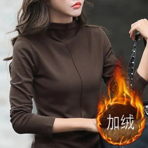 Women High Neck Long Sleeve Base Layer Shirt Solid Color Fleece Warm Autumn Winter Top - Product Image 2
