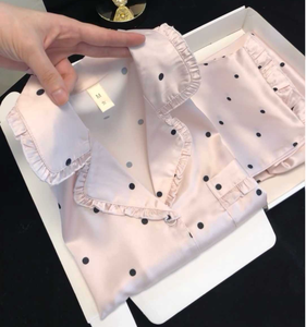 Ensemble de <span class=keywords><strong>pyjama</strong></span> en soie glacée à pois roses de style coréen doux et féminin pour le printemps et l'été, cardigan ouvert, vêtements de maison pour femmes - Product Image 3