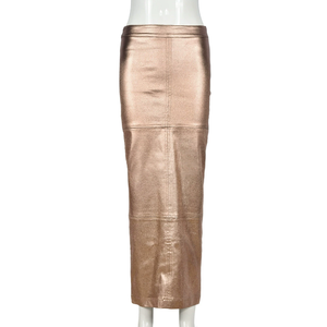 Nouvelle <span class=keywords><strong>jupe</strong></span> longue en <span class=keywords><strong>cuir</strong></span> vert pour femme, design Y2K, avec fermeture éclair latérale et fente arrière, finition métallique - Product Image 4
