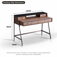 Bureau de toilette et coiffeuse modernes en placage d'eucalyptus avec plateau en verre trempé gris, tiroirs de rangement et pieds en acier inoxydable