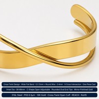 Bracelet jonc ouvert en acier inoxydable plaqué or 18 carats avec croix, personnalisable, prêt à expédier, pour femmes - Vente en gros