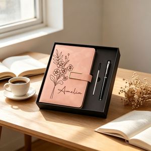 Carnet en cuir de luxe personnalisé pour femme, avec gravure laser du nom et fleur de naissance, ensemble journal et stylo assorti, promotionnel - Product Image 5