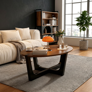 Table basse ovale moderne avec plateau en bois et structure en métal, meubles décoratifs pour salon - Product Image 3