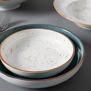 Plato Hondo Redondo de Porcelana Cerámica Rústica con Diseño Moteado P&T <span class=keywords><strong>para</strong></span> Servir la <span class=keywords><strong>Cena</strong></span> en Restaurantes y Hoteles (Venta al Por Mayor) - Product Image 5