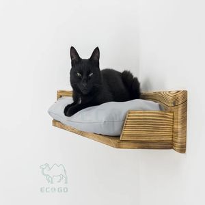 Cama de Esquina Moderna para Gatos, de Bambú Sólido, Montada en la Pared, con Cojín Suave para Descanso de Gatos en Interiores y Percha para Ventana - Product Image 6