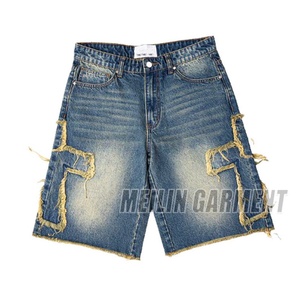 Custom Distress Cross Embroidery <b>Patch</b> Summer Knee Length Cotton Baggy <b>Men</b> Denim <b>Shorts</b> Streetwear Vintage Jeans <b>Shorts</b> <b>Men</b> - Product Image 1