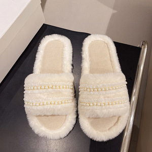 Nuevas Pantuflas de Felpa con Punta Abierta y Rayas, Personalizables con Perlas, Cálidas y Antideslizantes para Mujer, para Uso en Interiores - Product Image 6