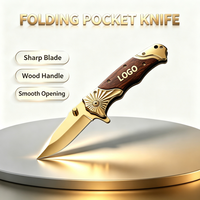 Couteau de poche pliant doré personnalisé avec logo, manche en bois, EDC, pour camping, survie, chasse, couteau utilitaire pliable