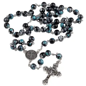 8mm Glass Beads Catholic Rosario Saint Benedict Rosary Chain Necklace