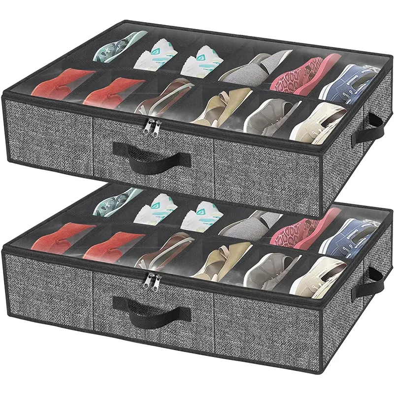 12ペアのベッド下の靴収納キャビネット-頑丈なベッド下の靴収納ボックス、1ピースセット (リネンブラック)