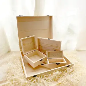 Wholesale Unfinished Solid Wood Storage Box Custom Size Flip Lid Lock Wooden Gift Boxes Packaging