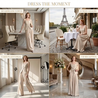 Ensemble de costume socialite pour femmes sur mesure, veste asymétrique à col carré champagne, pantalon large, 2 pièces, fabrication OEM ODM