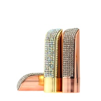Tube de rouge à lèvres en diamant en cuir de luxe unique en or de haute qualité, fabricant de récipients rouges à bouche vide, emballage de baume à lèvres personnalisé