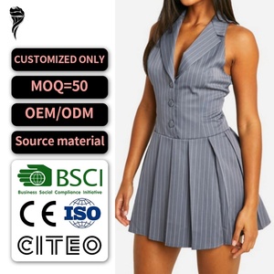 เดรสมินิเดรสคล้องคอลายทางสำหรับผู้หญิงเดรสสั้นแขนกุดมีกระดุมด้านหน้ามีจีบ - Product Image 1