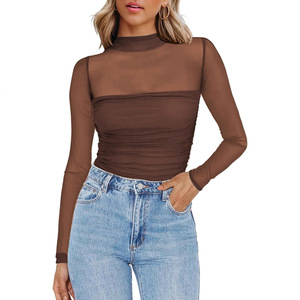 European American Cross-border 2025 for New Solid Color Neck Mesh Splicing <strong>See</strong>-<strong>through</strong> Long-sleeved Sexy Cute <strong>Top</strong> - Product Image 5