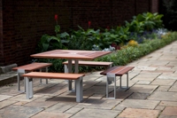Elegante Mesa Cuadrada para Exteriores con Banco a Juego, Tablero de Madera Maciza, Estructura Metálica, Resistente, Juego de Asientos para Jardín, Parque o Camping, para Todas las Estaciones