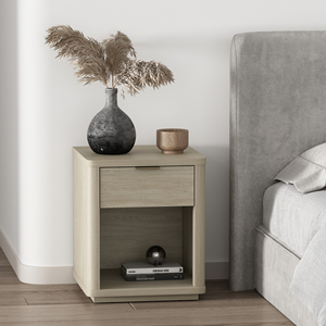 Nightstand in Natural Wood Finish with Drawer and <b>Open</b> Shelf for Bedroom <b>Storage</b> - Product Image 2