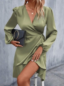 2026 Fashion Women Deep V-<b>Neck</b> Low-Cut Long Sleeve Satin Summer Casual Party Corset Dress - Product Image 2