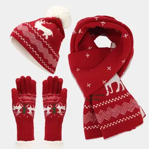 Décoration de Noël chapeau froid écharpe gants trois pièces ensemble Elk Jacquard automne et hiver chapeaux chauds bonnets pour femmes