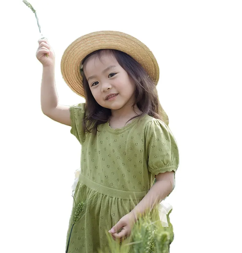 Vivid Green Knit Summer Dress Little Kids Short Sleeve Country Girls Casual Dress