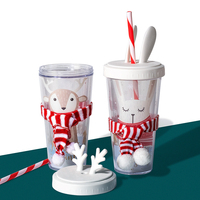 Gobelet réutilisable à double paroi en plastique, cadeau de Noël, design mignon avec bois de cerf, tasse à paille double couche avec décoration écharpe