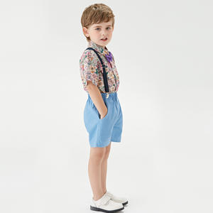 2025 estilo coreano niños Casual verano conjunto Floral manga corta <span class=keywords><strong>Camisa</strong></span> azul claro con <span class=keywords><strong>tirantes</strong></span> pantalones cortos ropa para niños - Product Image 4
