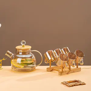 Set gelas kendi emas, tutup kayu minuman soda jus air oranye amber glass jug set cangkir dengan rak