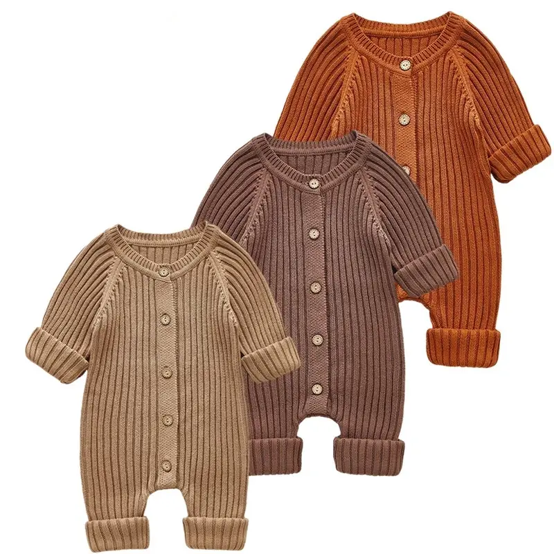 Mùa Thu Bé Romper Dệt Kim Trẻ Sơ Sinh Cô Gái Cậu Bé Trang Phục Jumpsuit Outfit Rắn Toddler Trẻ Em Quần Áo Dài Tay Áo Rompers