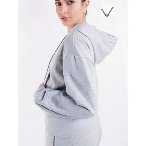 Ensemble de survêtement pour femme Vetega, sweat-shirt à capuche gris uni, coupe ample, extensible, pantalon de sport, fermeture éclair, confortable, élégant, athlétique - Product Image 2