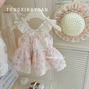 Cherry Blossom Floral Dress For Girls Sweetheart Neckline A-Line Cotton Summer Dress With Flutter Sleeves And Floral Trim - Product Image 1
