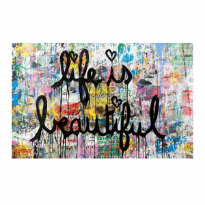 Impression sur toile « La vie est belle », typographie colorée d'art urbain, ART SUR VERRE TÉMPERÉ - Product Image 2