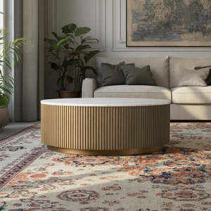 Tavolino da Caffè e Tè Rotondo <span class=keywords><strong>Myhome</strong></span> 2025 in Rovere Massiccio Stile Mid-Century Moderno con Piano in Marmo Design Canna per Arredamento Soggiorno - Product Image 1