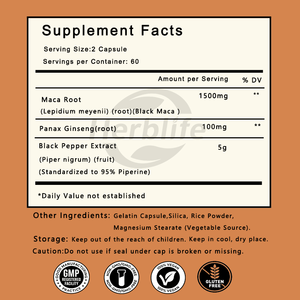 Capsules d'extrait de racine de maca noire avec logo personnalisé en marque privée OEM, 120 portions pour les hommes, complément énergétique et d'endurance, certifié GMP - Product Image 2