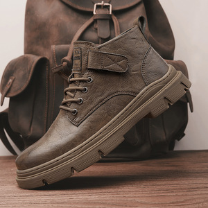 Bottes pour hommes en cuir véritable, hauteur cheville, bout rond, semelle extérieure en caoutchouc antidérapante, doublure en peluche, couleur unie, mode automne-hiver - Product Image 3