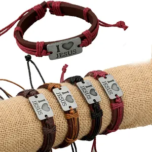 I Love Jesus Leather Charm Bracelet Hecho a mano Ajustable Cuff Trenzado Wrap Leather Jesus Bracelet Para Mujeres Hombres Regalos