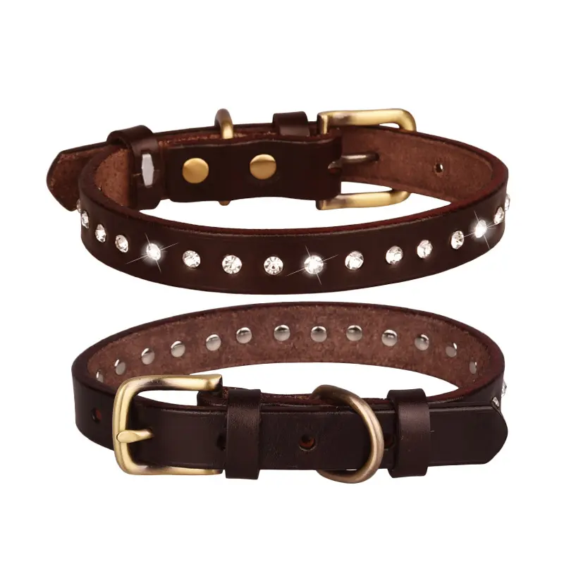 Vintage top layer cowhide dog collar personalized diamond pet collar waterproof leather dog collar