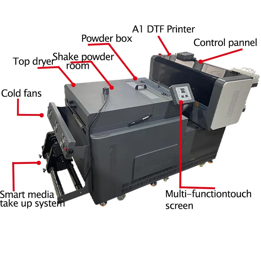 A3 XP600/i1600/i3200 डुअल हेड डीटीजी डीटीएफ प्रिंटर 60 सेमी टीशर्ट इंप्रेसोरा डीटीएफ प्रिंटिंग मशीन शेकर और ड्राई के साथ ट्रांसफर सेट