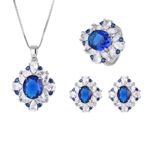 Delicate Eco-friendly Copper Dainty Floral Design Necklace <b>Earrings</b> Ring 3PCS <b>Set</b> 10*12/6*8mm Blue Zircon Flower Jewelry <b>Set</b> - Product Image 1