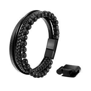 Thời Trang Nhiều Lớp Dệt Bện Vòng Đeo Tay Bằng Da Cho Nam Giới Đá Tự Nhiên Dung Nham Đính Cườm Vòng Đeo Tay Nam Bangles - Product Image 1