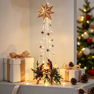 Ornement de Noël suspendu lumineux à LED, étoile en bois, pour décoration murale ou fenêtre, décorations de fêtes - Product Image 4