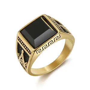 GT OEM Anillos Vintage Handmade Titanium Ring Jewelry 316 Stainless Steel Black Agate Masonic AG Golden Rings for Men