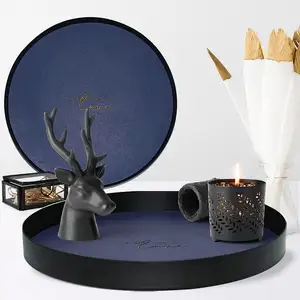Bandeja decorativa redonda de cuero Bandeja de vela negra Bandeja de metal mate para decoración de mesa de café y decoración del hogar