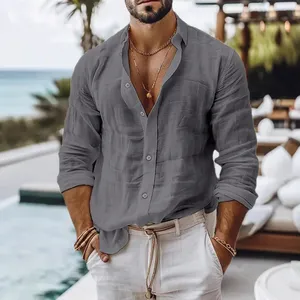Camicia in Cotone e <span class=keywords><strong>Lino</strong></span> da Uomo, Stile Estivo da Spiaggia, Tinta Unita, Monopetto, Traspirante, Leggera ed Elegante con Bottoni - Product Image 5