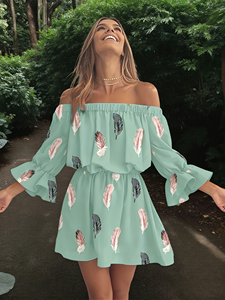 Vestido Casual de Verano para Mujer, con Hombros Descubiertos, Estampado de Plumas, Largo hasta la Rodilla, Corte en A, Manga Acampanada, Lavable - Product Image 2