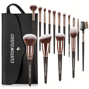 Set di Pennelli da Trucco Vegani Portatili da 15 Pezzi con Basso MOQ, Pennello da Barba, Kit Personalizzato <span class=keywords><strong>per</strong></span> Fondotinta in Polvere e Occhi, Borsa Rosa Premium - Product Image 1