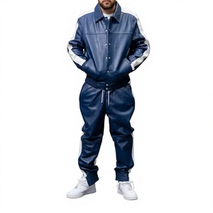 Men's Blue Polyester Tracksuit Set Full Sleeve Button Up Collar Casual Solid Color Drawstring <b>Pants</b> Regular Fit Autumn Wear - Product Image 2