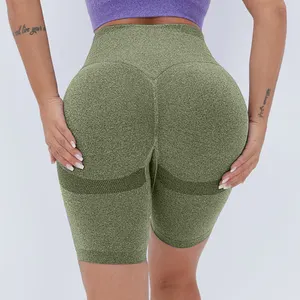 Pantalones cortos de Yoga para mujer, de cintura alta, Control de barriga, fruncidos, sin costuras, venta al por mayor