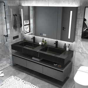 Muebles de Baño Modernos de Lujo, Gabinetes de Madera Contrachapada Montados en la Pared, Encimera de Pizarra, Mueble de Baño Flotante para Hotel o Apartamento con Lavabo Doble - Product Image 3
