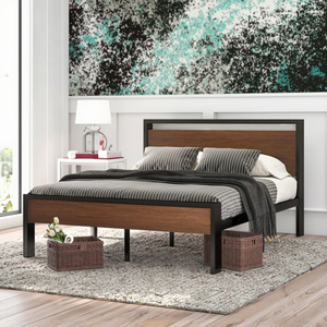 Sommier modulaire moderne en noyer, grand cadre de lit en métal, tête de lit et pied de lit en <span class=keywords><strong>bois</strong></span> pour appartement, chambre à coucher, hôtels - Product Image 1
