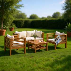 Ensemble de salon de jardin en bois d'acacia massif crème, 4 places, mobilier d'extérieur résistant aux intempéries, design contemporain - Product Image 2